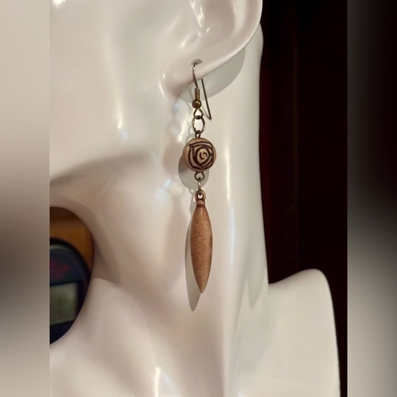 3/$15 - Carved Wood Drop Earrings with Swirl Motif - Picture 4 of 8